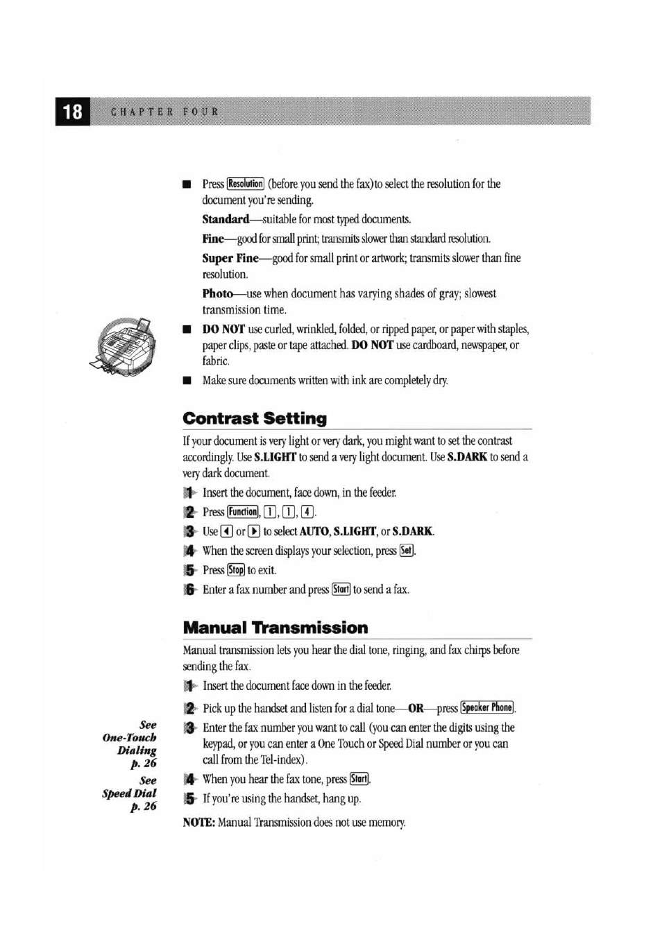 Contrast setting, Manual transmission, Tl. iti. [t | Brother MFC7000FC User Manual | Page 26 / 147