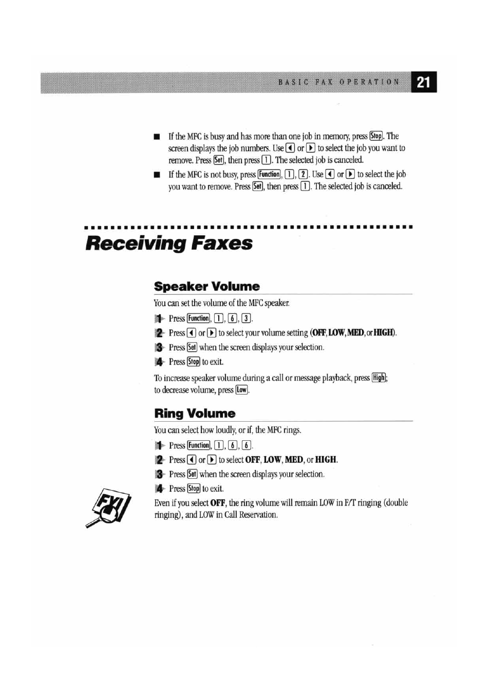 Receiving faxes, Speaker volume, Ring volume | Brother MFC7000FC User Manual | Page 29 / 147