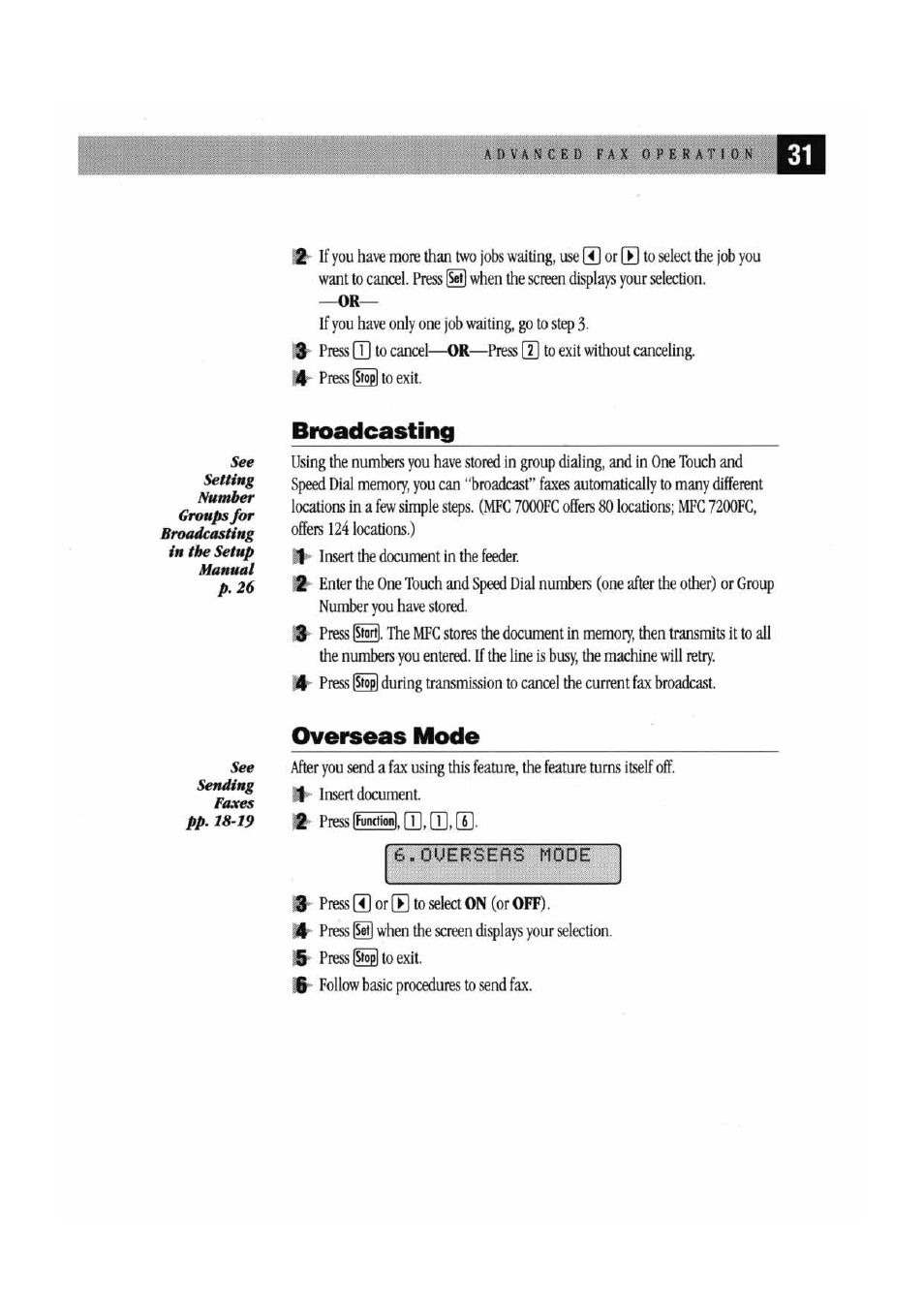 Broadcasting, Overseas mode, E.ouersefls mode | Brother MFC7000FC User Manual | Page 39 / 147