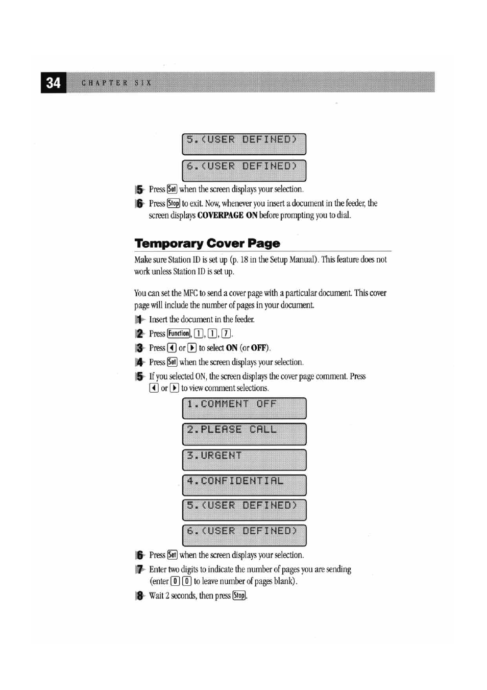 <user defined), L.conrient off, Plerse crll | Ur8ent, C0nfidentirl, (user defined), Temporary cover page | Brother MFC7000FC User Manual | Page 42 / 147