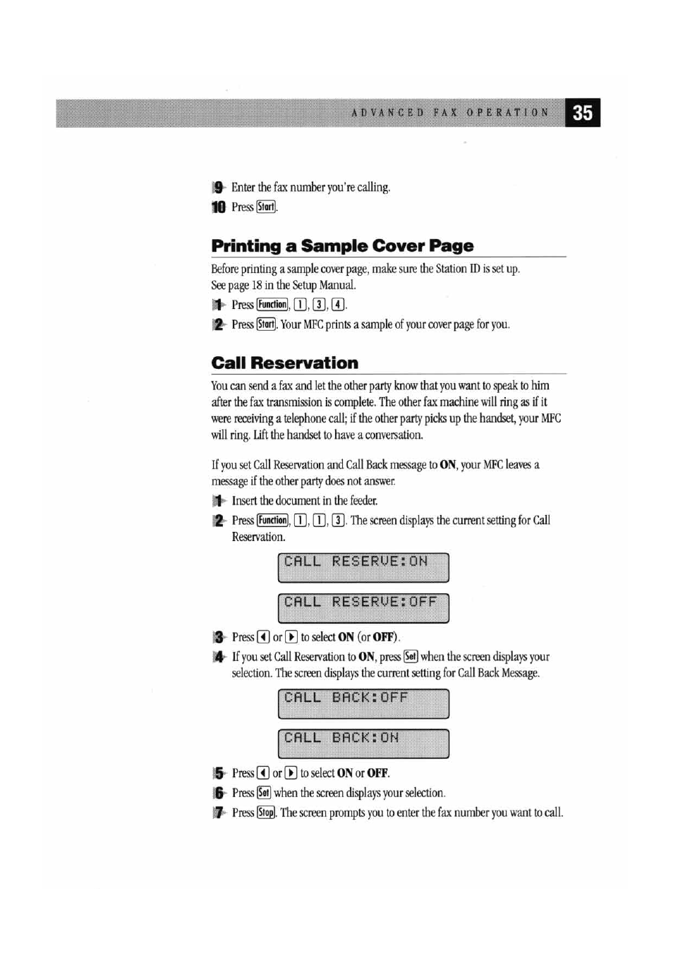 Call reservation, Call reserue:on, Call back:on | Printing a sample cover page | Brother MFC7000FC User Manual | Page 43 / 147