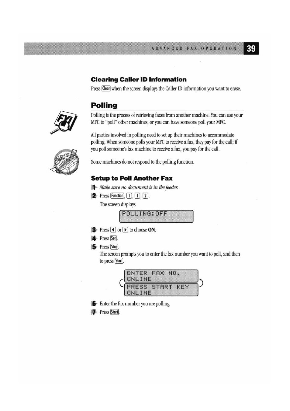 Polling, Enter fnh no. online, Press strrt key online | Press [function], m. m. in | Brother MFC7000FC User Manual | Page 47 / 147