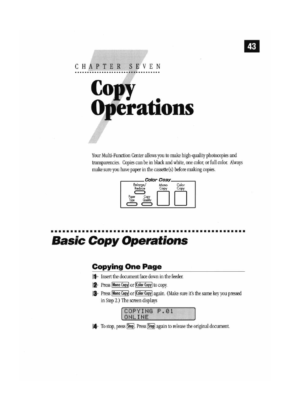 Copy, Operations, Basic copy operations | Copy operations, Copying one page | Brother MFC7000FC User Manual | Page 51 / 147