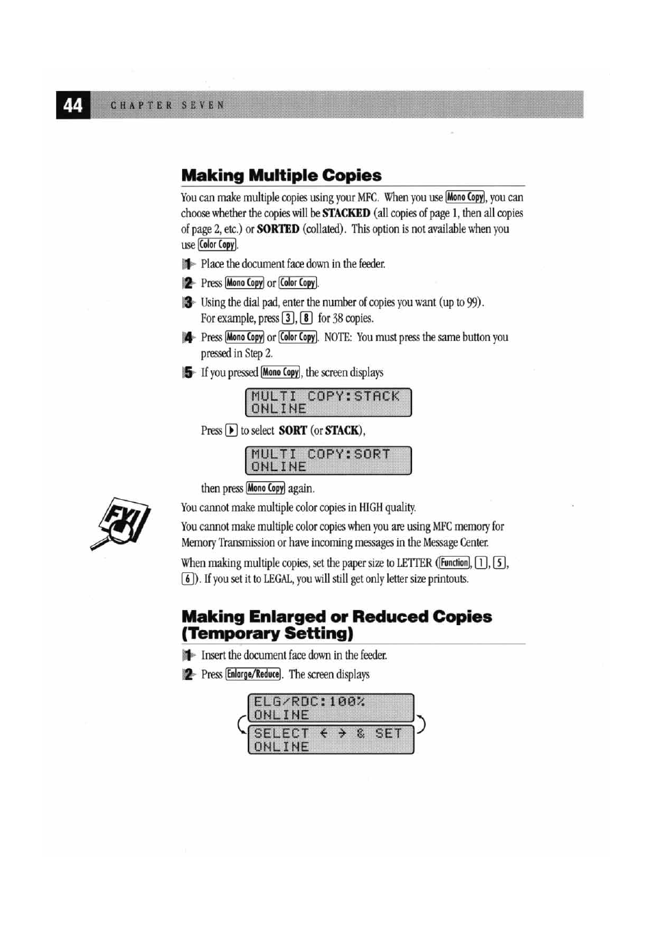Making multiple copies, Multi copy:stack online, Multi copy:sort online | Elg/rdc: 100r“i online, Select « » & set online | Brother MFC7000FC User Manual | Page 52 / 147