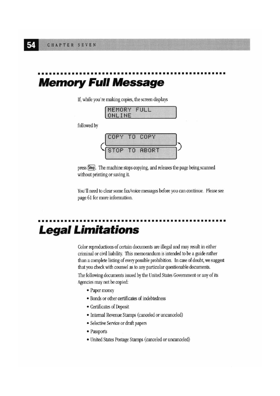 Memory full message, Legal limitati<ms, Memory full message legal limitations | Brother MFC7000FC User Manual | Page 62 / 147