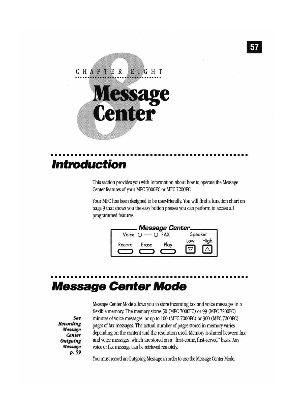 Introduction, Message center male, Message center mode | Brother MFC7000FC User Manual | Page 65 / 147