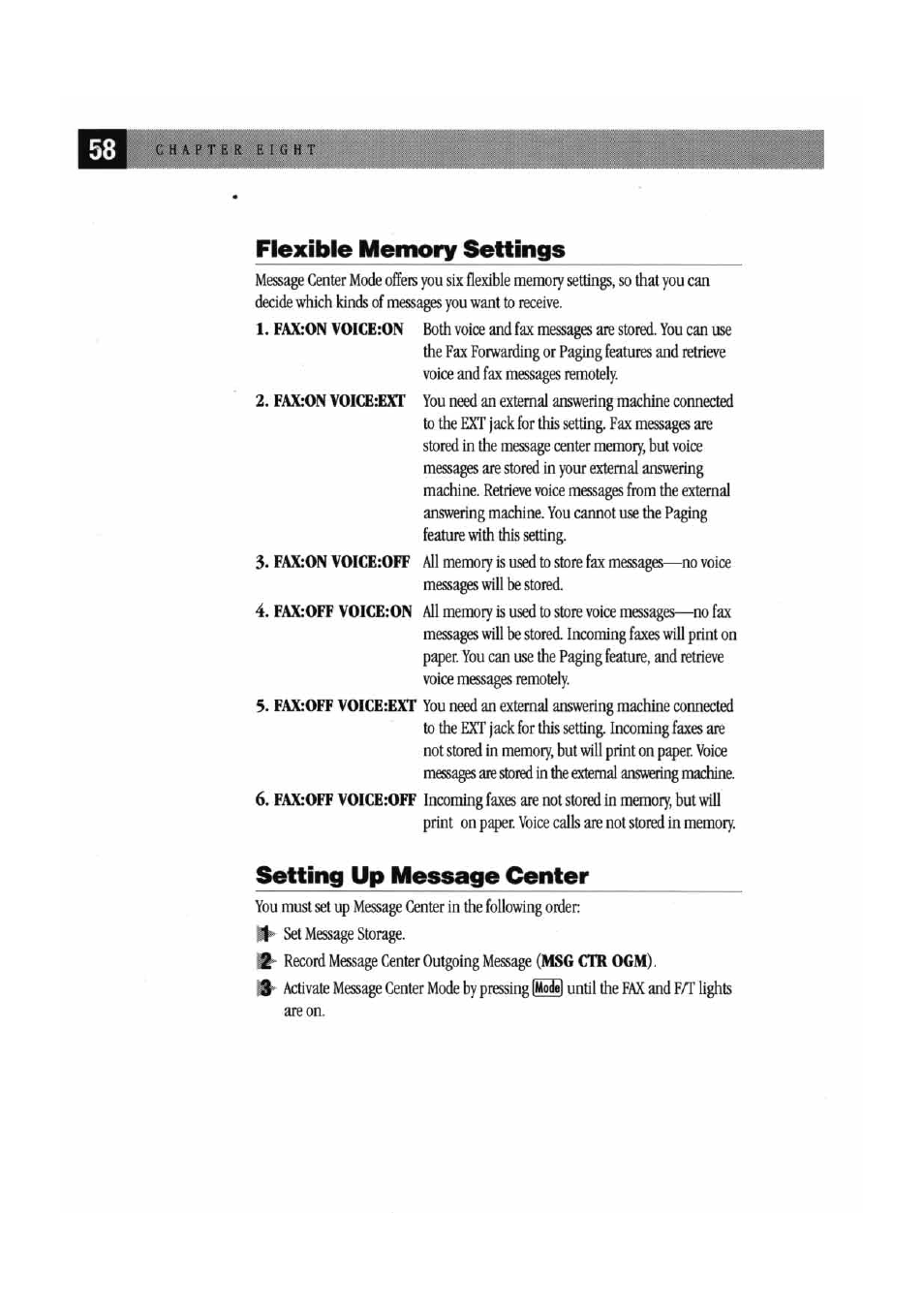 Flexible memory settings, Setting up message center, Flexible memory settings setting up message center | Brother MFC7000FC User Manual | Page 66 / 147