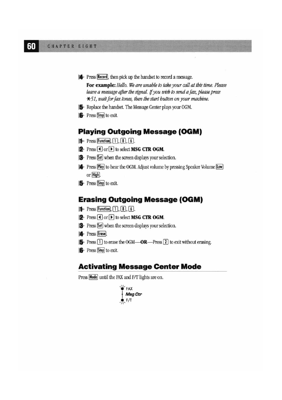 Playing outgoing message (ogm), Erasing outgoing message (ogm), Activating message center mode | Recordl, Ifundionl. m. m. [tl, Functionl, Efosej, Model | Brother MFC7000FC User Manual | Page 68 / 147