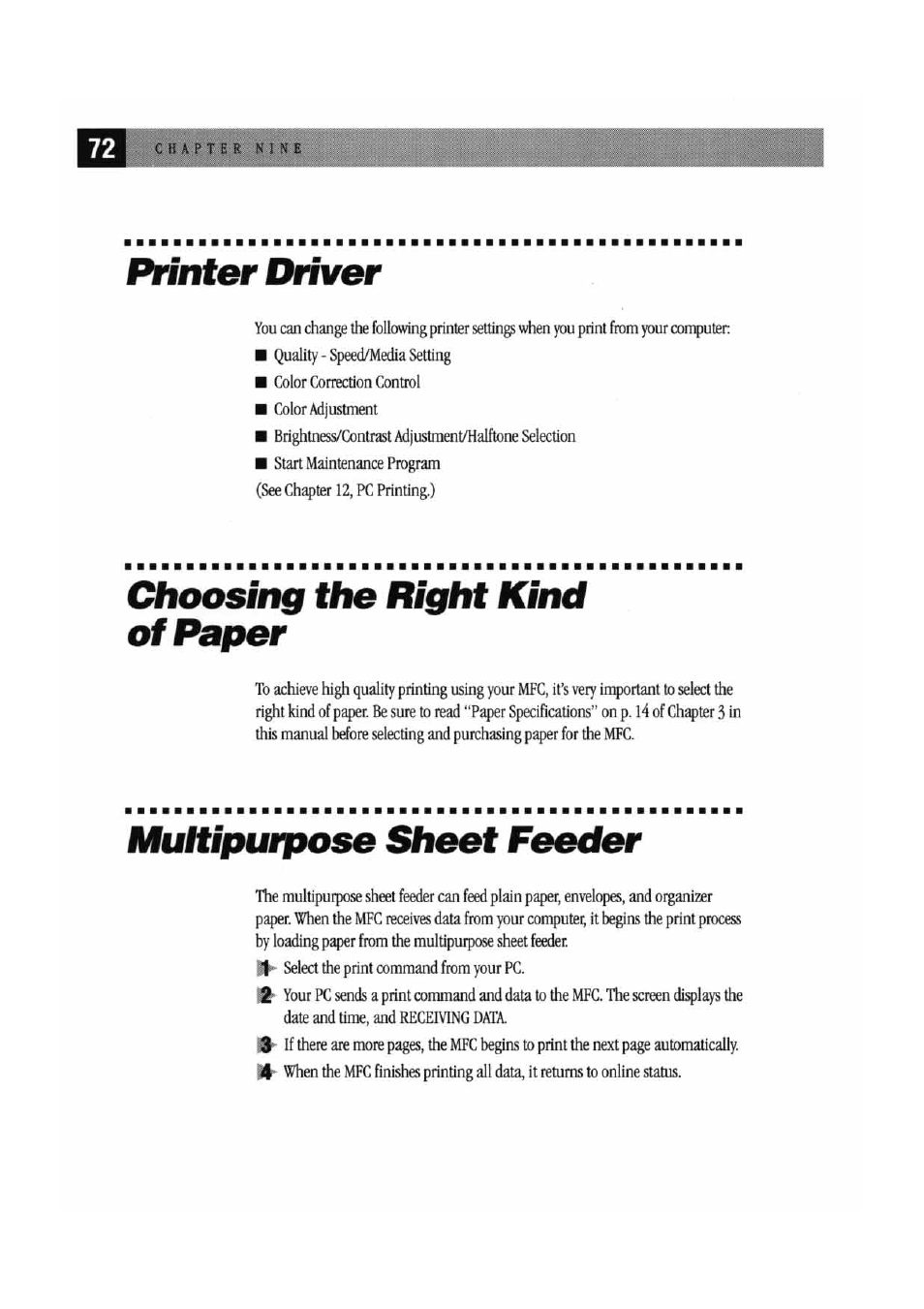 Printer driver, Choosing the right kind of paper, Multipurpose sheet feeder | Brother MFC7000FC User Manual | Page 80 / 147