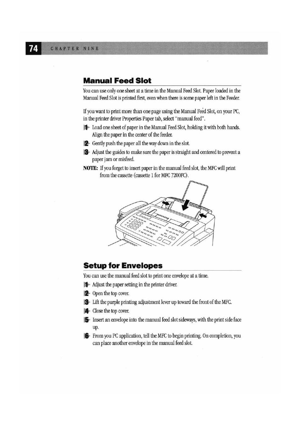 Manual feed slot, Setup for envelopes, Manual feed slot setup for envelopes | Brother MFC7000FC User Manual | Page 82 / 147