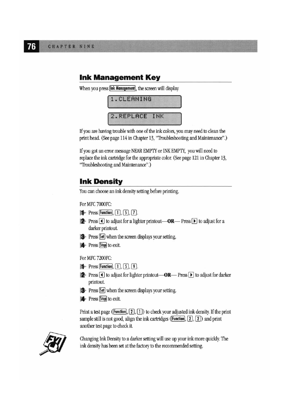 Ink management key, L-^clefinih0, Replace ink | Ink density, Ink management key ink density, Link managementl, Ifunctionl, Fundion | Brother MFC7000FC User Manual | Page 84 / 147