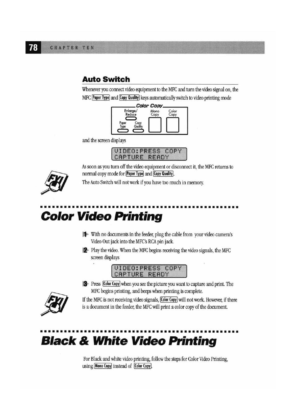 Auto switch, Uideo:press copy crpture refidy, Color video printing | Uideorpress copy crpture rerdy, Black & white video printing | Brother MFC7000FC User Manual | Page 86 / 147