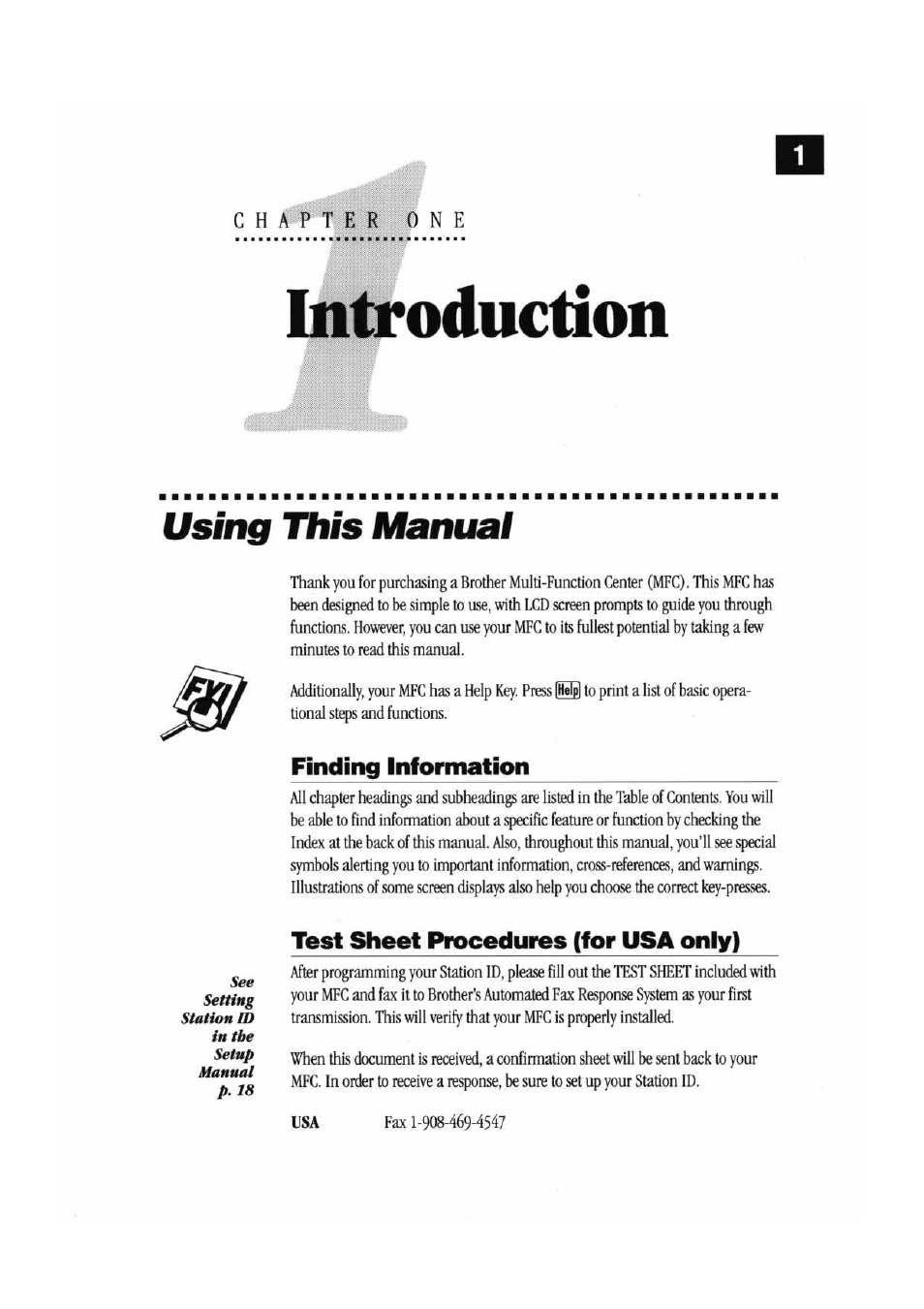 Introduction, Using this manuai, Finding information | Test sheet procedures (for usa oniy), Using nils manual, Test sheet procedures (for usa only) | Brother MFC7000FC User Manual | Page 9 / 147