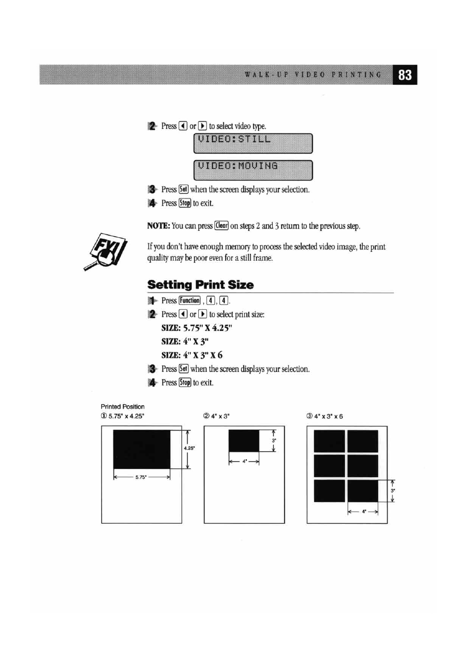 Uideo:still, Uideo:mouing, Setting print size | Uideo:still uideo:mouing | Brother MFC7000FC User Manual | Page 91 / 147