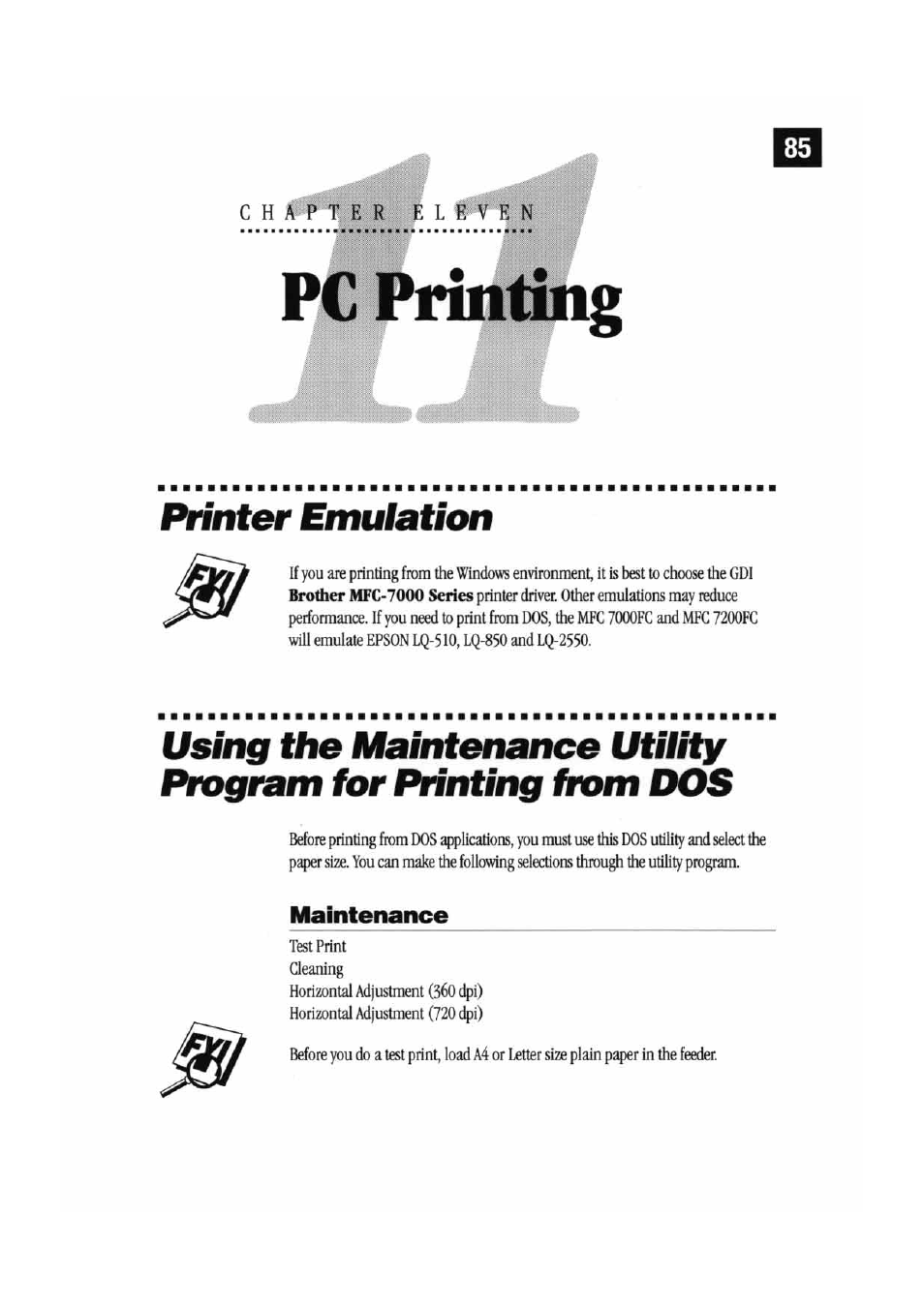 Printer emulation, Maintenance, Rin^g | Brother MFC7000FC User Manual | Page 93 / 147