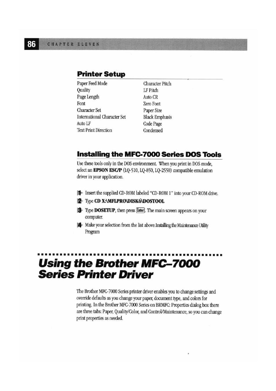 Printer setup, Installing the mfc-7000 series dos tools, Using the brother mfc-7000 series printer driver | Brother MFC7000FC User Manual | Page 94 / 147