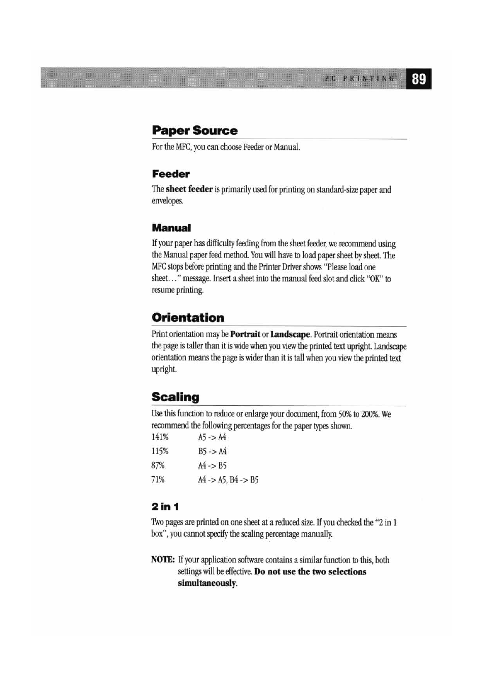 Paper source, Orientation, Scaling | Brother MFC7000FC User Manual | Page 97 / 147