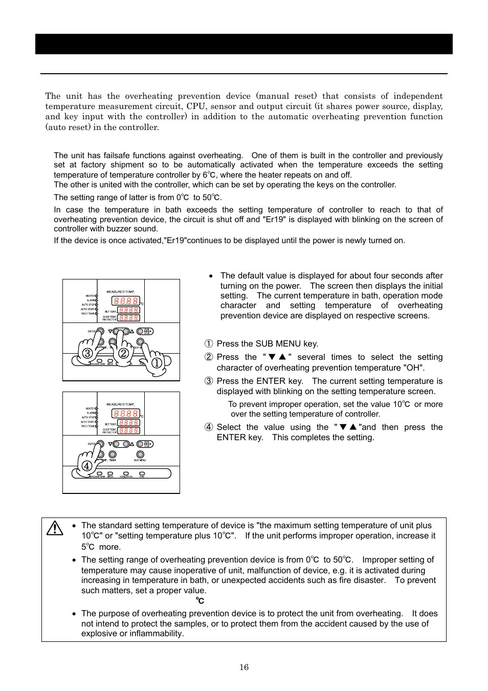 Operation method, Setting of overheating prevention device | Yamato Scientific CLH600 Cool Line User Manual | Page 19 / 65