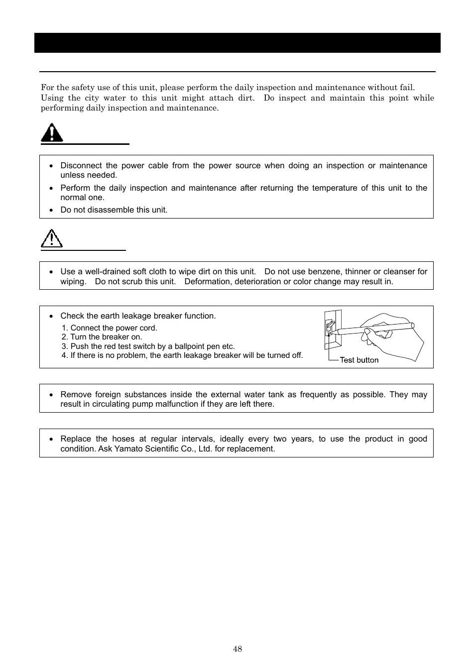 Maintenance method, Warning, Caution | Daily inspection and maintenance | Yamato Scientific CLH600 Cool Line User Manual | Page 51 / 65