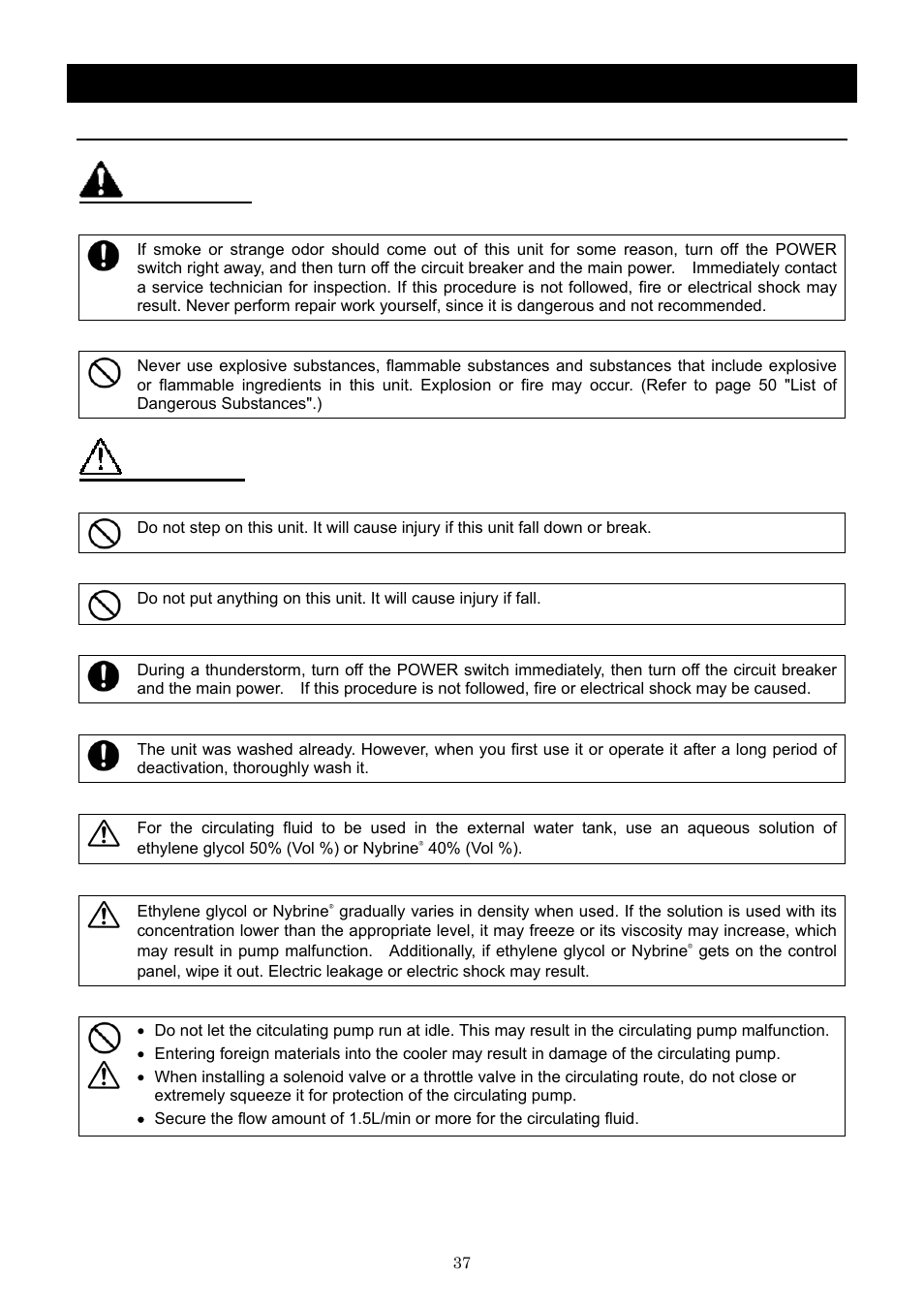 Handling precautions, Warning, Caution | Yamato Scientific CLS600 Cool Line User Manual | Page 40 / 55