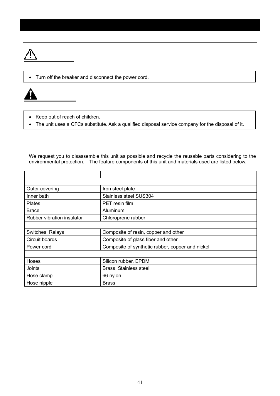 Long storage and disposal, Caution, Warning | Yamato Scientific CLS600 Cool Line User Manual | Page 44 / 55