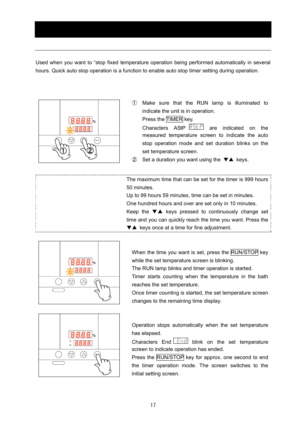 Operating procedures, Operating procedures (quick auto stop operation), Procedures for quick auto stop operation | About the timer function | Yamato Scientific DG400 Drying Ovens for Laboratory Tools User Manual | Page 19 / 41