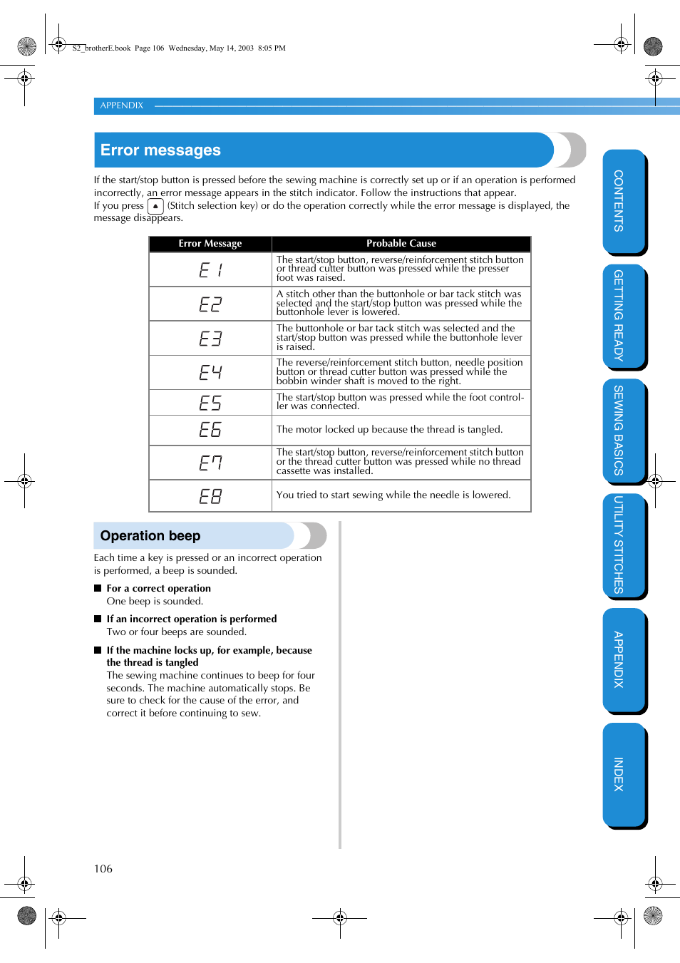 Error messages, Operation beep | Brother CS-8060 User Manual | Page 112 / 116