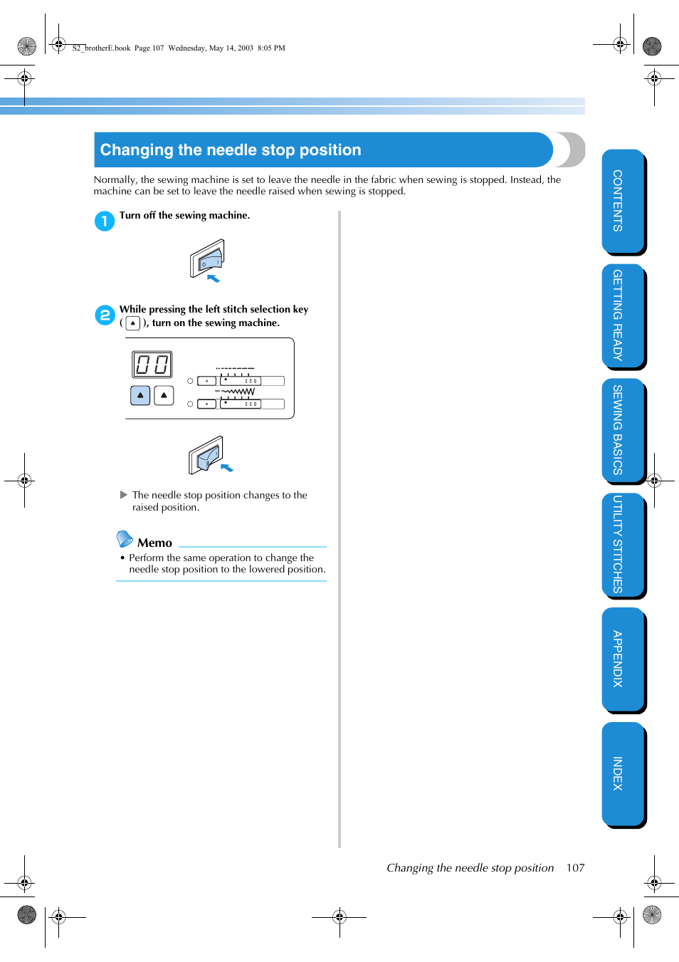 Changing the needle stop position | Brother CS-8060 User Manual | Page 113 / 116