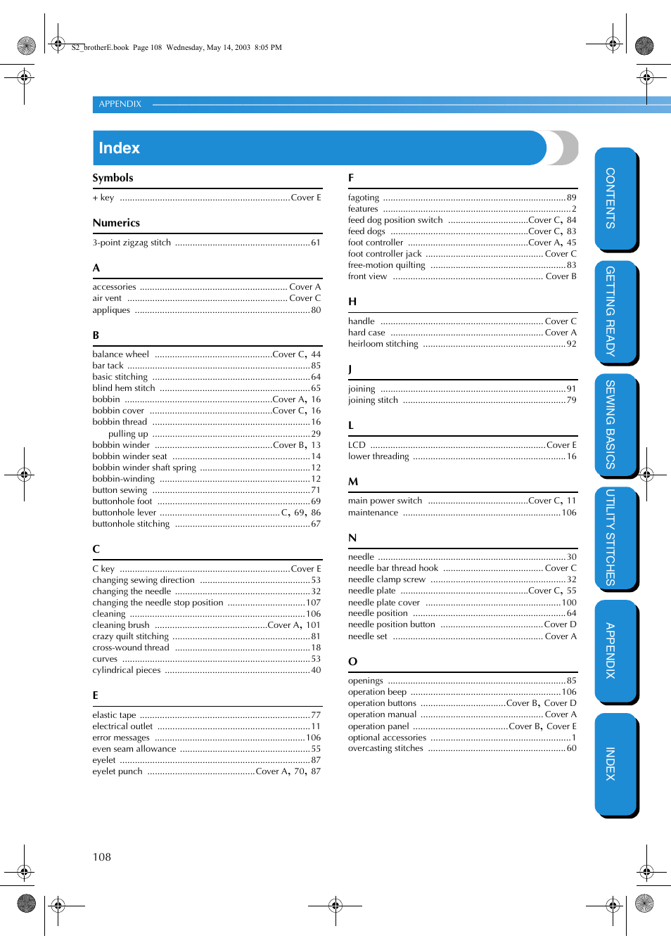 Index | Brother CS-8060 User Manual | Page 114 / 116