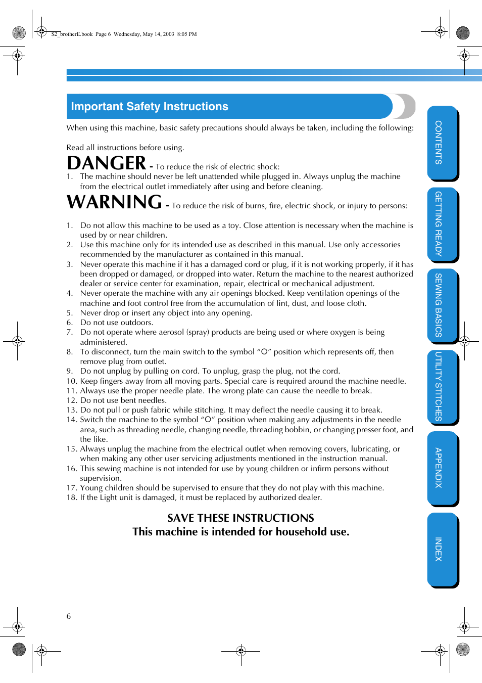 Important safety instructions, Danger, Warning | Brother CS-8060 User Manual | Page 12 / 116