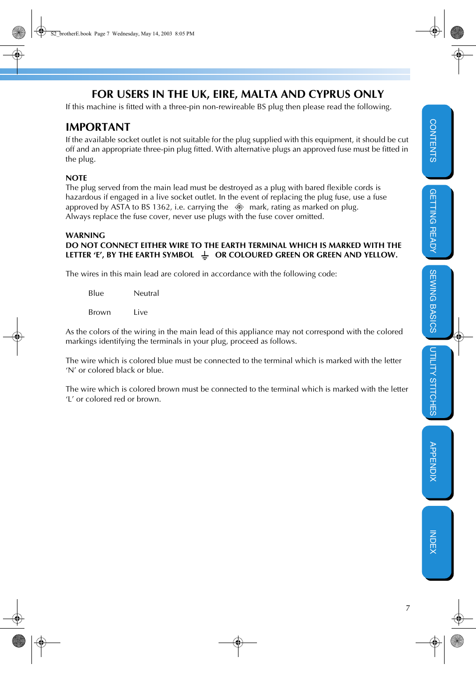 For users in the uk, eire, malta and cyprus only, Important | Brother CS-8060 User Manual | Page 13 / 116