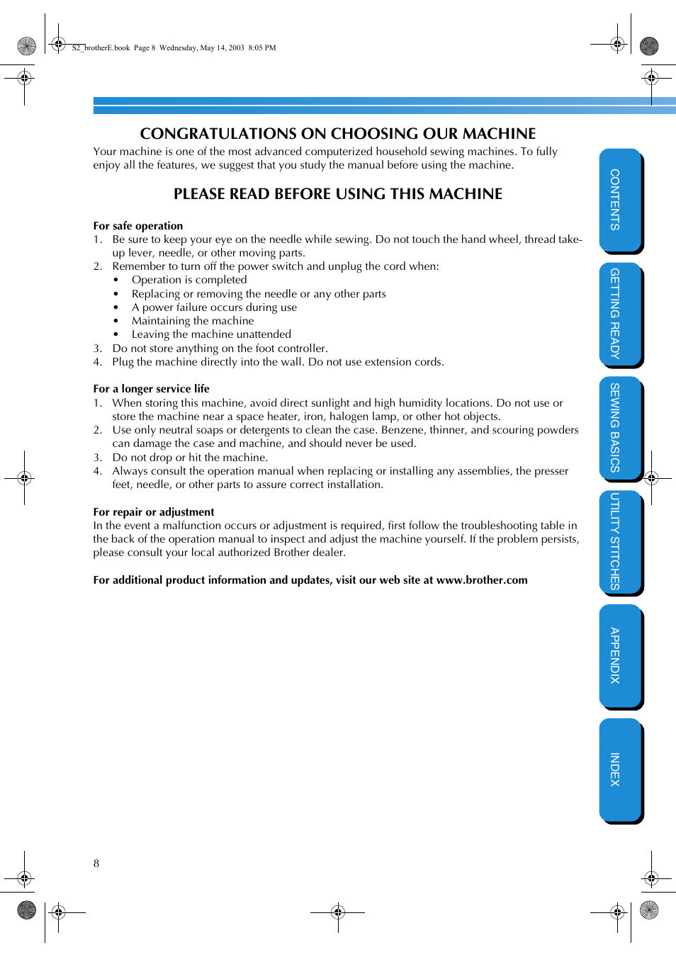 Please read before using this machine | Brother CS-8060 User Manual | Page 14 / 116