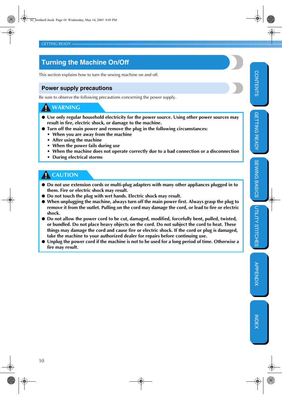 Turning the machine on/off, Power supply precautions, Warning caution | Brother CS-8060 User Manual | Page 16 / 116