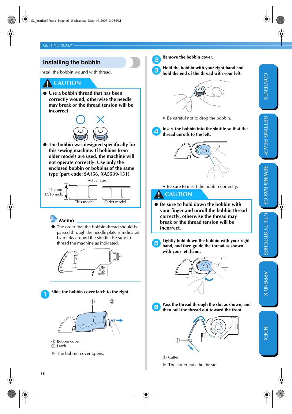 Installing the bobbin, Caution | Brother CS-8060 User Manual | Page 22 / 116