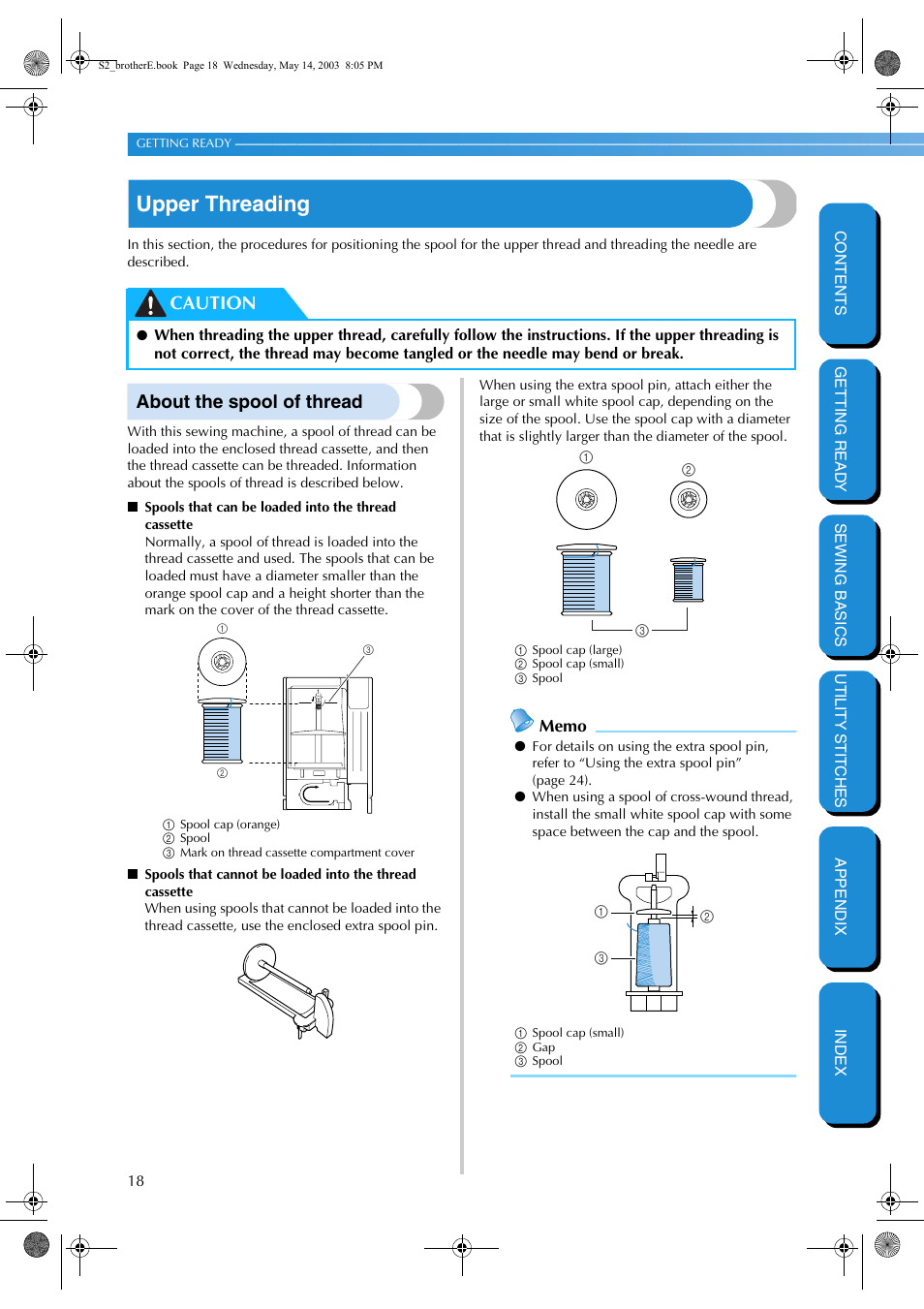 Upper threading, About the spool of thread, Caution | Brother CS-8060 User Manual | Page 24 / 116