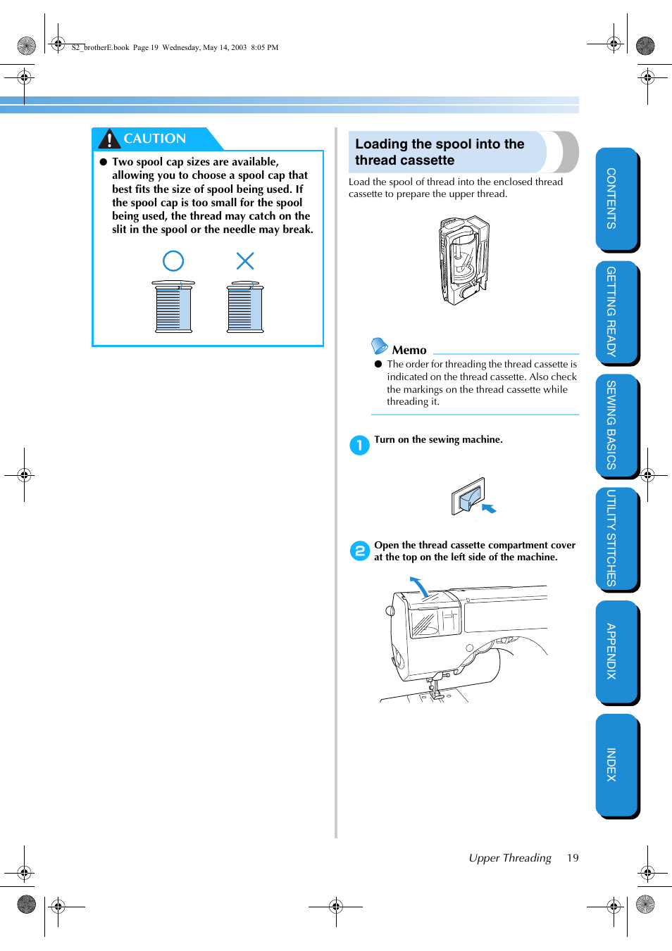 Loading the spool into the thread cassette, Caution | Brother CS-8060 User Manual | Page 25 / 116