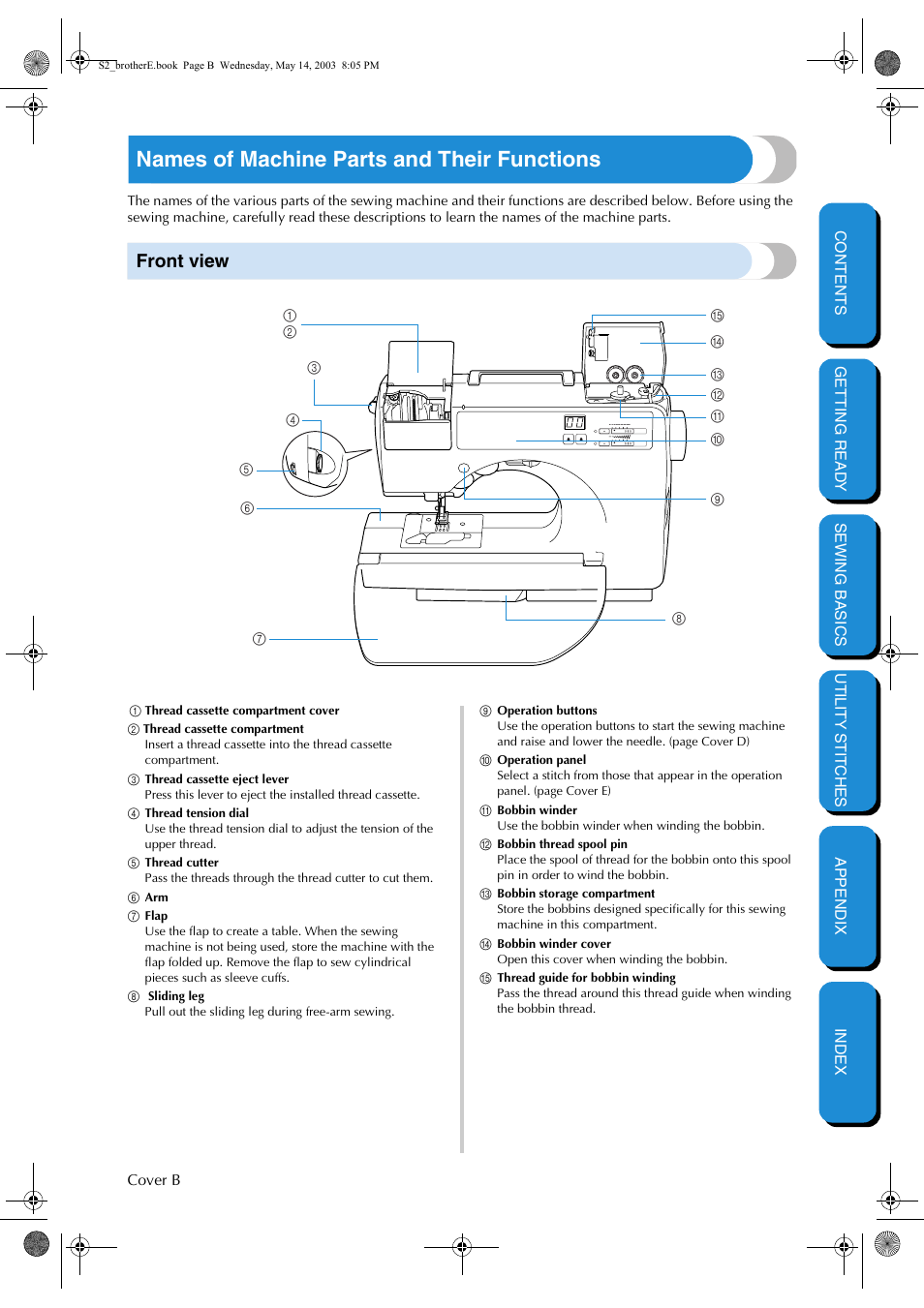 Names of machine parts and their functions, Front view | Brother CS-8060 User Manual | Page 3 / 116