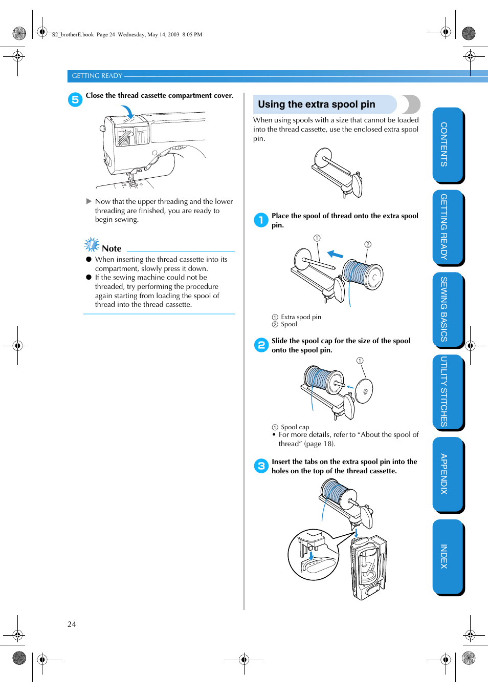 Using the extra spool pin | Brother CS-8060 User Manual | Page 30 / 116