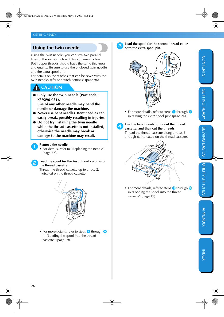 Using the twin needle, Caution | Brother CS-8060 User Manual | Page 32 / 116