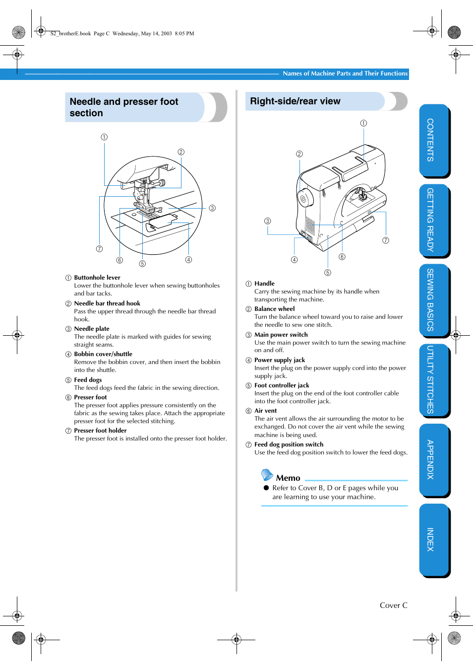 Needle and presser foot section, Right-side/rear view | Brother CS-8060 User Manual | Page 4 / 116