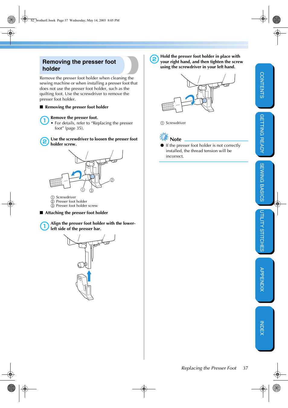 Removing the presser foot holder | Brother CS-8060 User Manual | Page 43 / 116