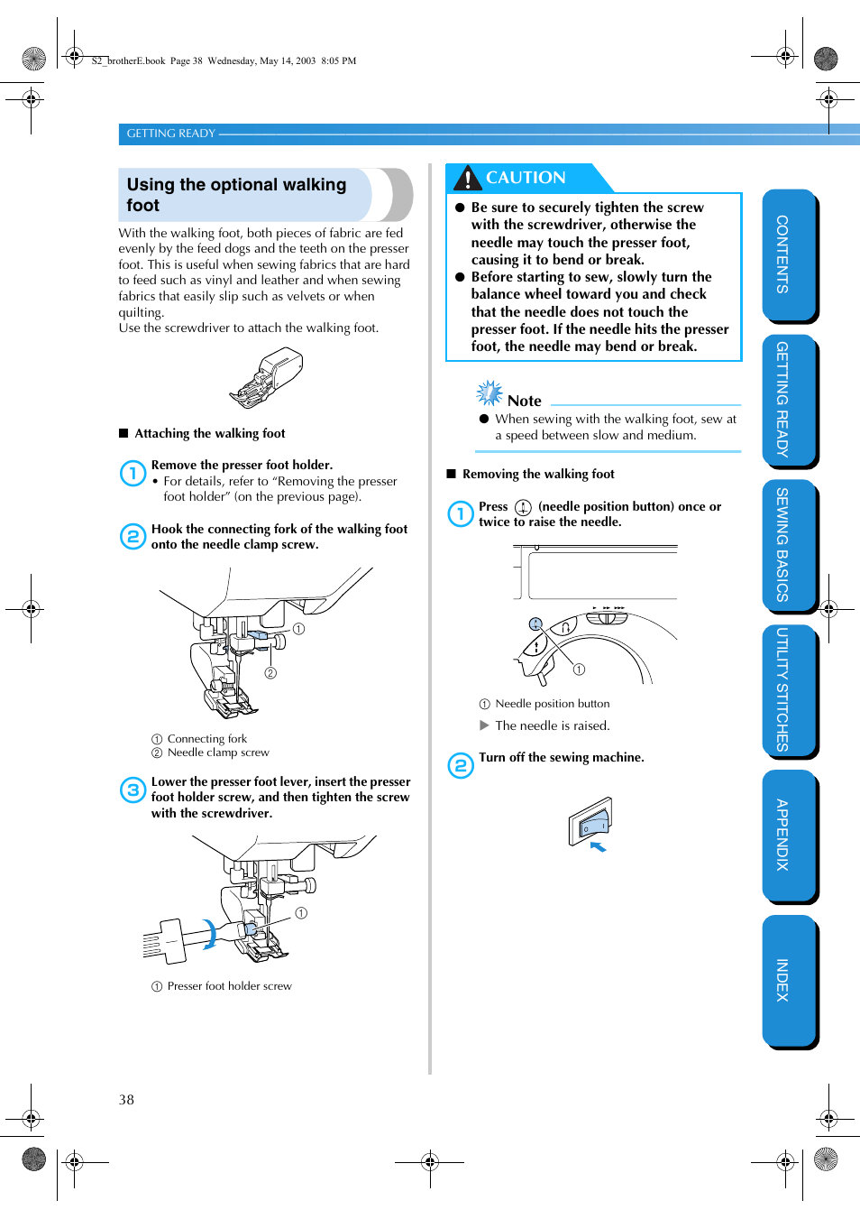 Using the optional walking foot, Caution | Brother CS-8060 User Manual | Page 44 / 116