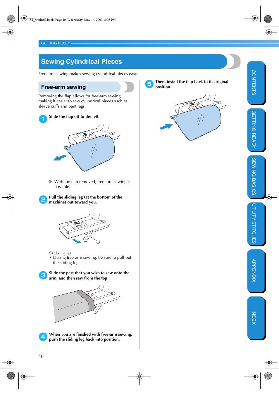 Sewing cylindrical pieces, Free-arm sewing | Brother CS-8060 User Manual | Page 46 / 116