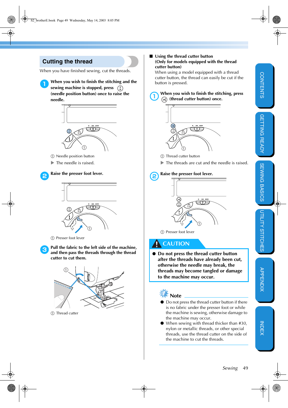 Cutting the thread, Caution | Brother CS-8060 User Manual | Page 55 / 116