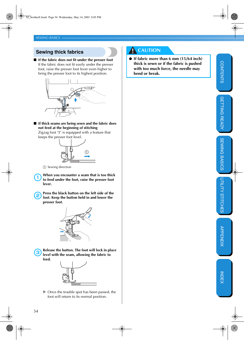 Sewing thick fabrics, Caution | Brother CS-8060 User Manual | Page 60 / 116