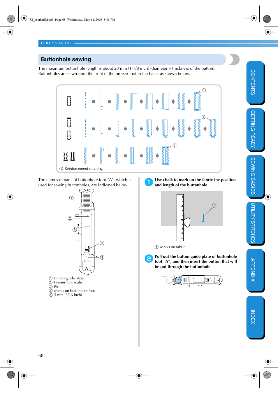 Buttonhole sewing | Brother CS-8060 User Manual | Page 74 / 116