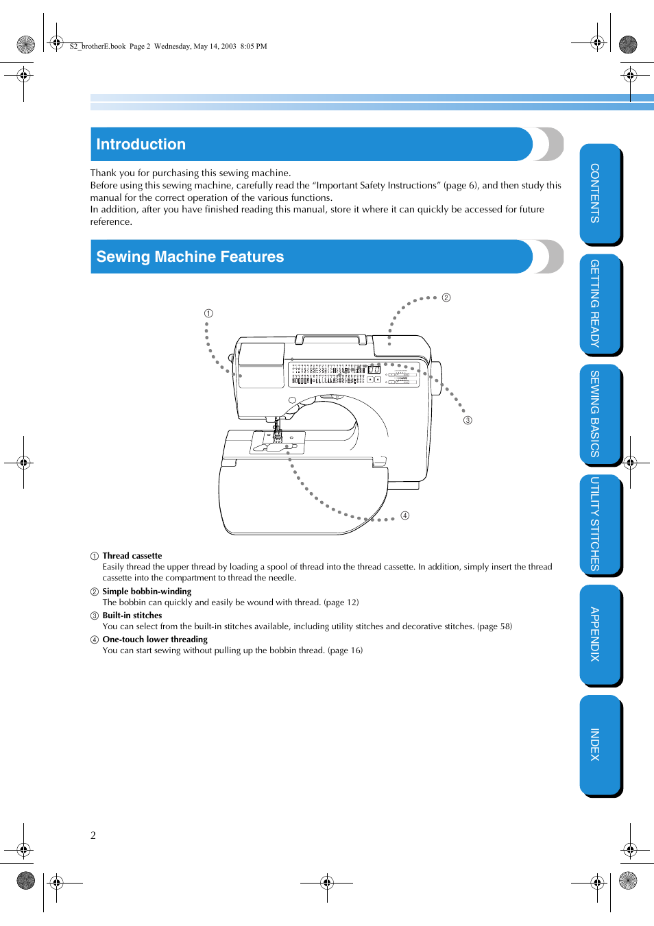 Introduction, Sewing machine features | Brother CS-8060 User Manual | Page 8 / 116