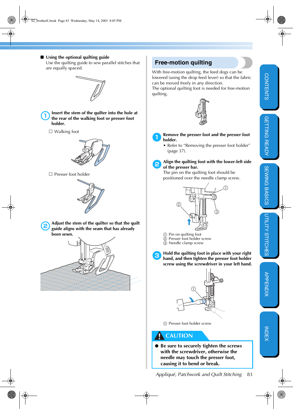 Free-motion quilting, Caution | Brother CS-8060 User Manual | Page 89 / 116
