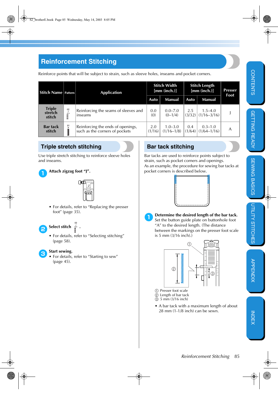 Reinforcement stitching, Triple stretch stitching, Bar tack stitching | Triple stretch stitching bar tack stitching | Brother CS-8060 User Manual | Page 91 / 116