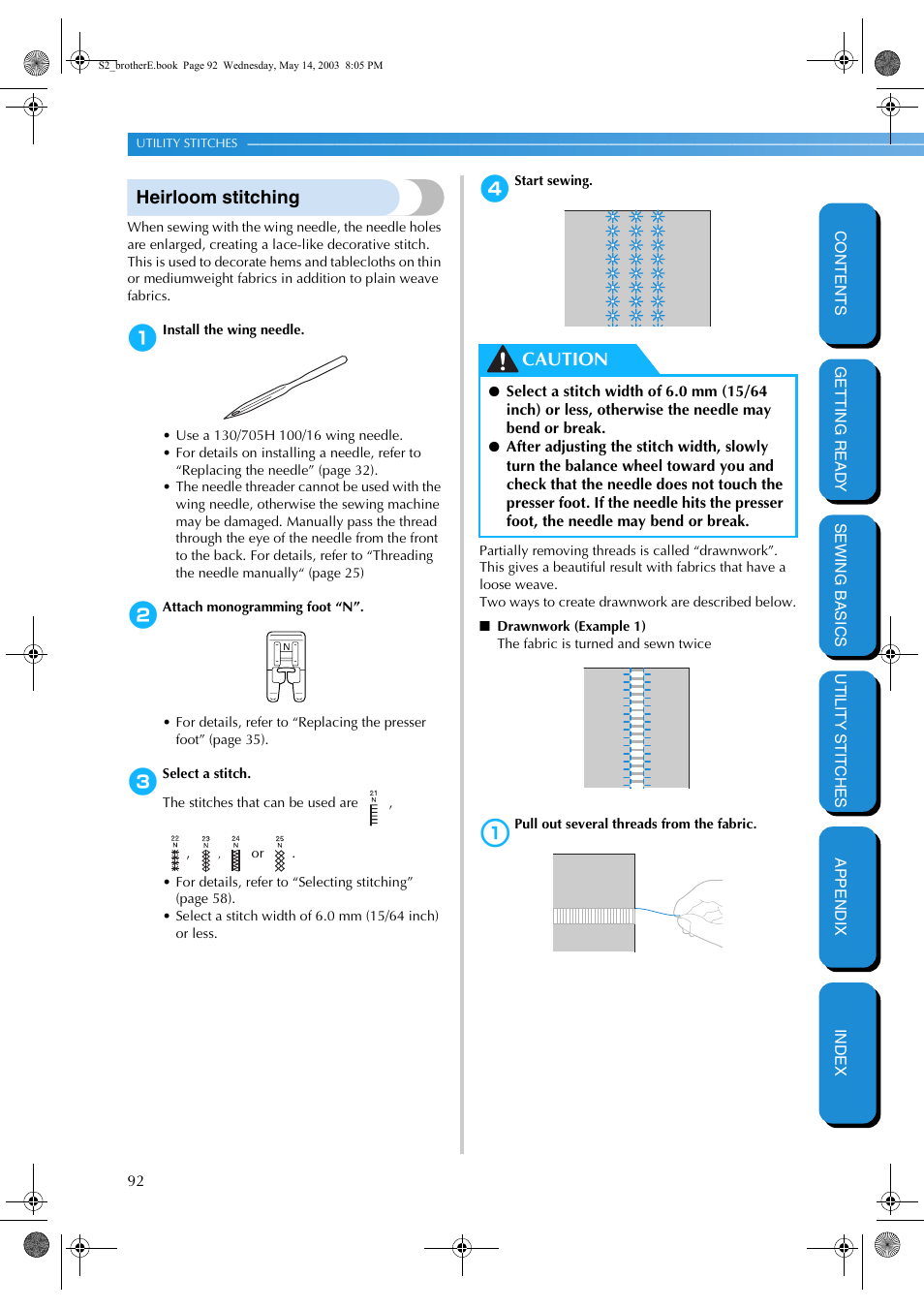 Heirloom stitching, Caution | Brother CS-8060 User Manual | Page 98 / 116